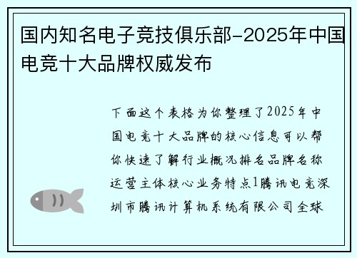 国内知名电子竞技俱乐部-2025年中国电竞十大品牌权威发布